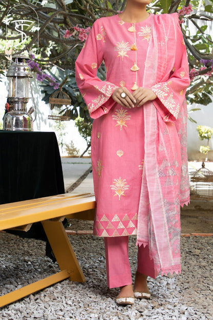 3 Piece Unstitched Embroidered Lawn with Organza Dupatta