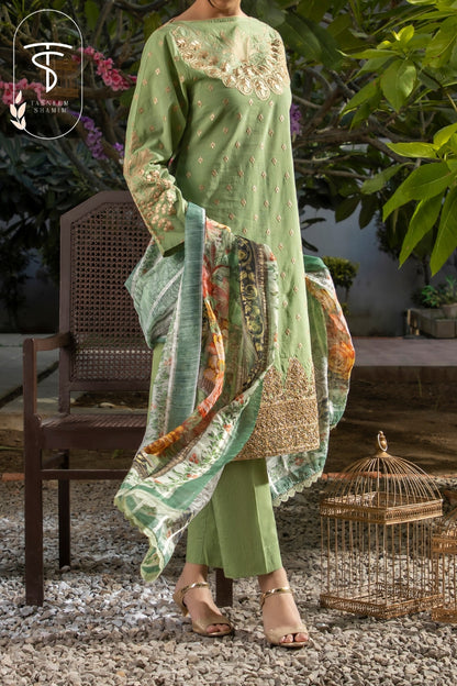 3 Piece Unstitched Embroidered Lawn with Organza Dupatta