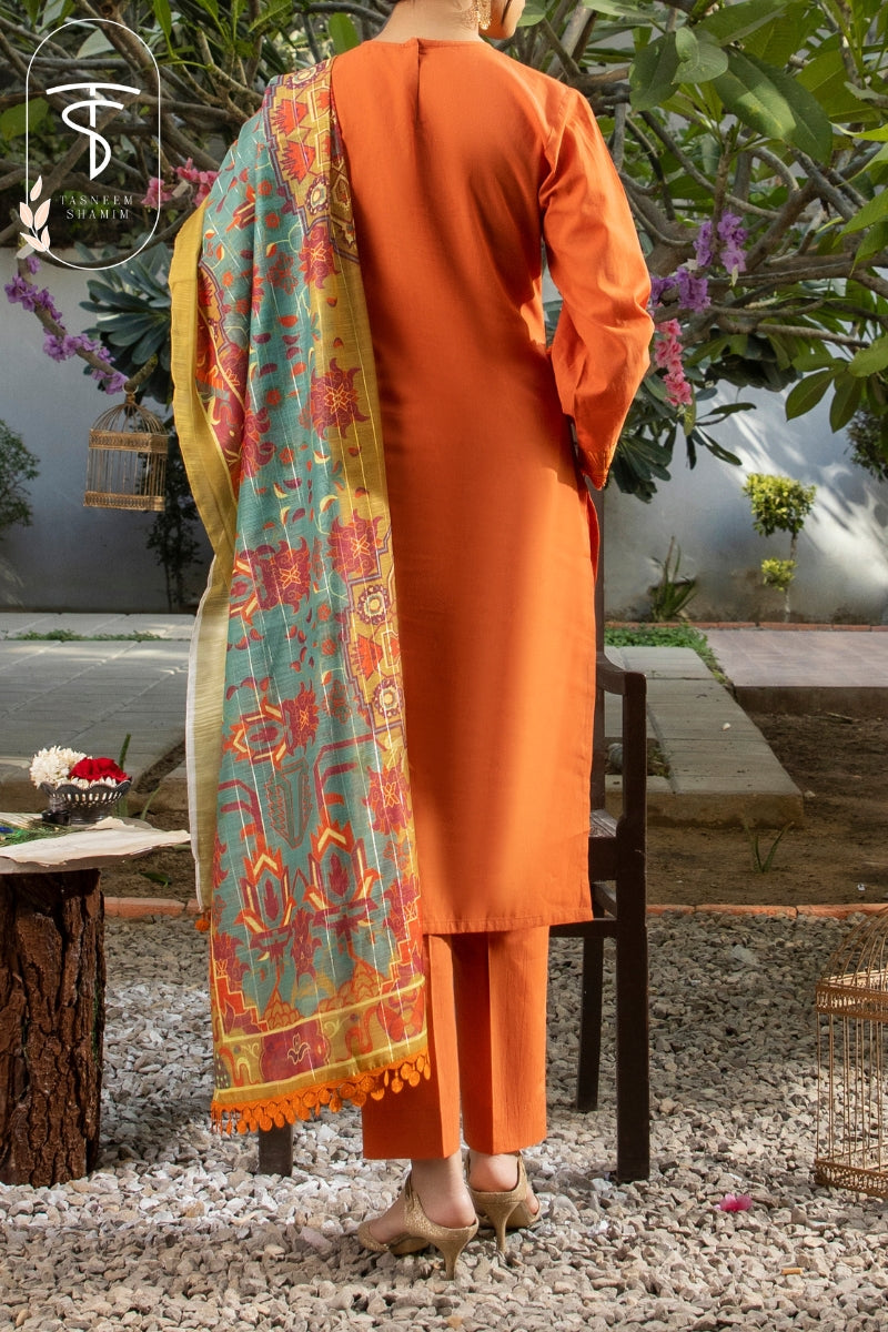 3 Piece Unstitched Embroidered Lawn with Organza Dupatta